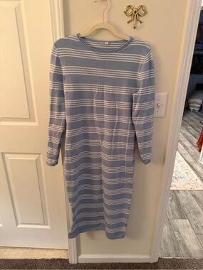 Light blue fine gauge striped sweater dress